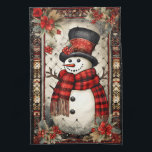 Christmas Snowman Kariert Scarf Rote Blume Geschirrtuch<br><div class="desc">Ein großer Schneemann mit kariertem roten Schal,  Hut und Karottennase,  umgeben von Weihnachtsdekorationen im Rahmen</div>