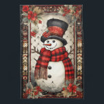 Christmas Snowman Kariert Scarf Rote Blume Geschirrtuch<br><div class="desc">Ein großer Schneemann mit kariertem roten Schal,  Hut und Karottennase,  umgeben von Weihnachtsdekorationen im Rahmen</div>