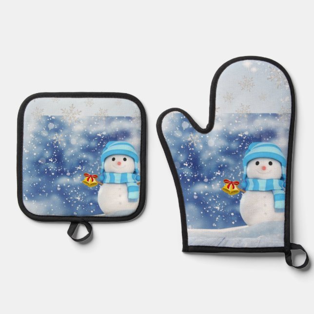 Christmas Snowman Oven Mitt & Pot Holders Ofenhandschuh & Topflappen-Set (Vorderseite)