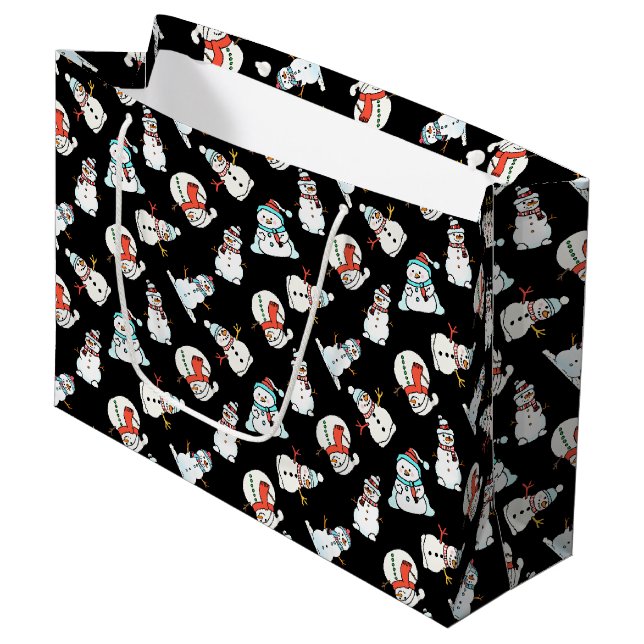 Christmas Snowman Pattern - Schwarz Große Geschenktüte (Vorderseite Schrägansicht)