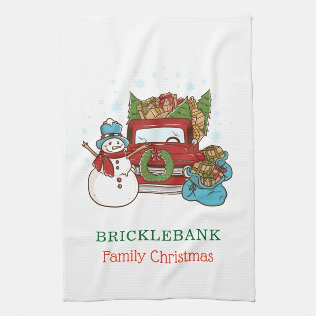 Christmas Snowman Personalisiert Family Geschirrtuch (Vertikal)