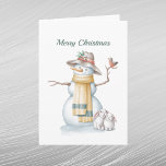 Christmas Snowman Rabbit Bird Hat Watercolor Feiertagskarte<br><div class="desc">Ein Schneemann in einem Hut,  der einen Vogel mit zwei Kaninchen hält.</div>