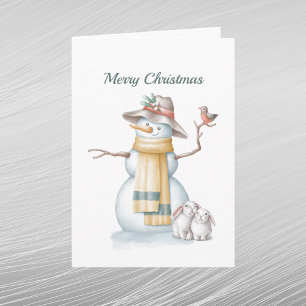 Christmas Snowman Rabbit Bird Hat Watercolor Feiertagskarte