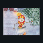 Christmas snowman walking postkarte<br><div class="desc">christmas snowman doll man, 
fun painting celebrate love , 
funny cheerful drawn snowflake, 
vintage scarf forest cute, 
cartoon drawing art merry , 
new white season snow, 
celebration happy illustration , 
winter holiday santa year, 
tree house hat, 
doll christmas snowman man, </div>