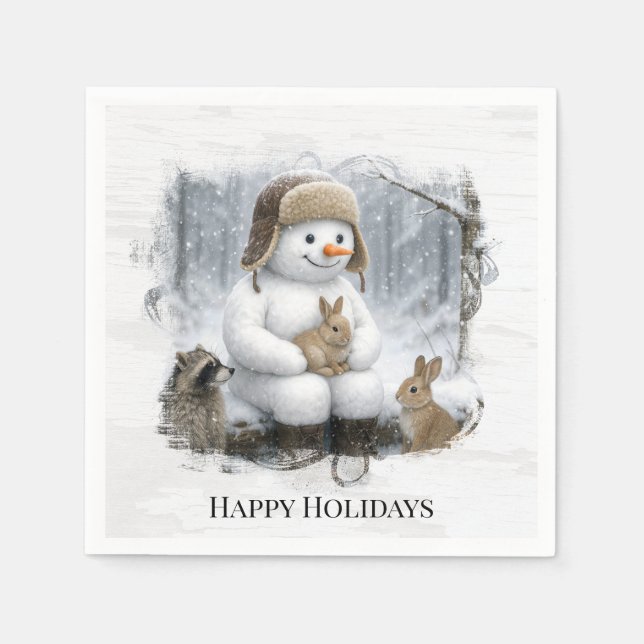 Christmas Snowman With Friends In Winter Woods Serviette (Vorderseite)