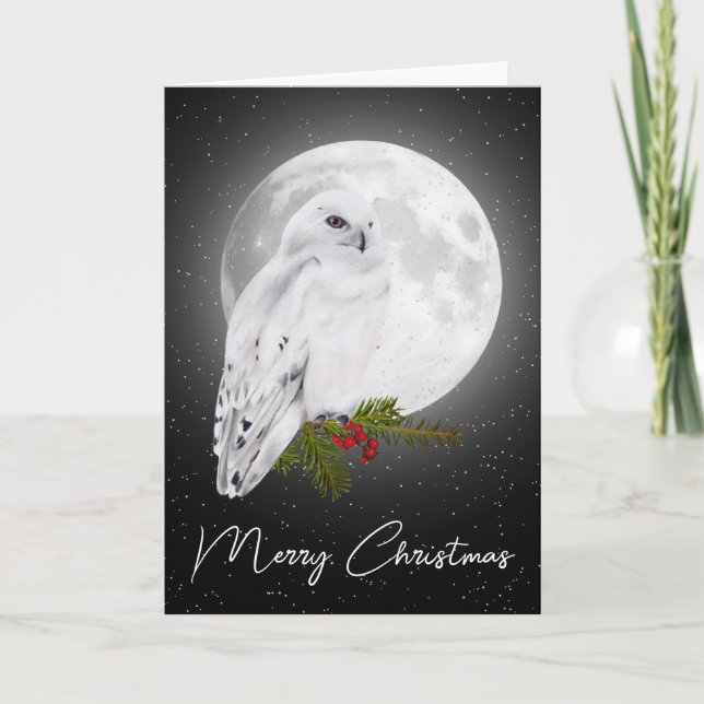 Christmas Snowy Owl In the Moonlight Karte (Vorderseite)