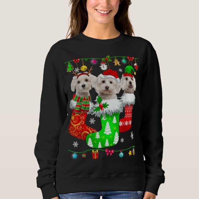 Christmas Socks Pajama Maltese Dog Puppy Lover Sweatshirt (Vorderseite)