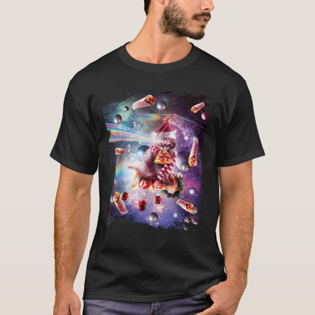 Christmas Space Cat Eating Pizza Laser Eyes Xmas X T-Shirt (Vorderseite)