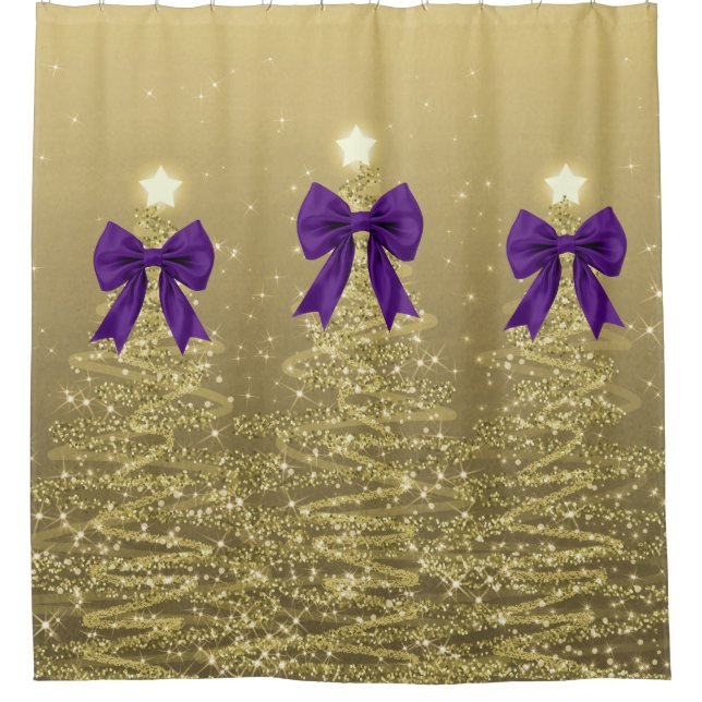 Christmas Sparkling Trees Gold Faux Purple Bow  Duschvorhang (Vorderseite)
