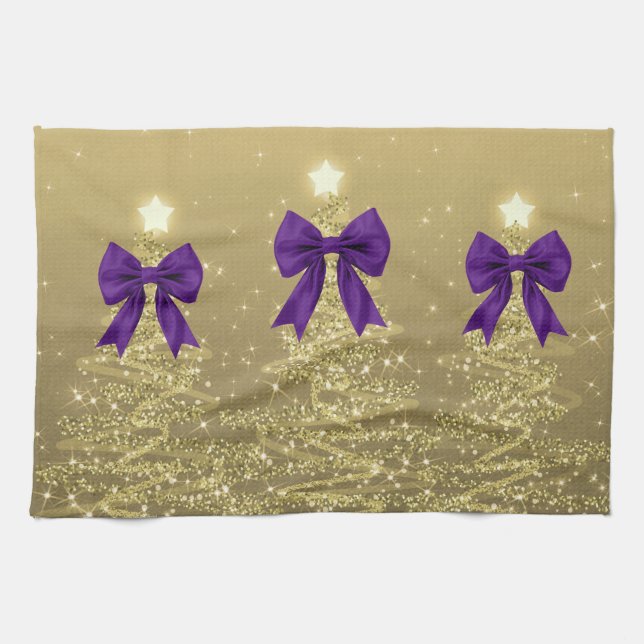Christmas Sparkling Trees Gold Faux Purple Bow  Geschirrtuch (Horizontal)