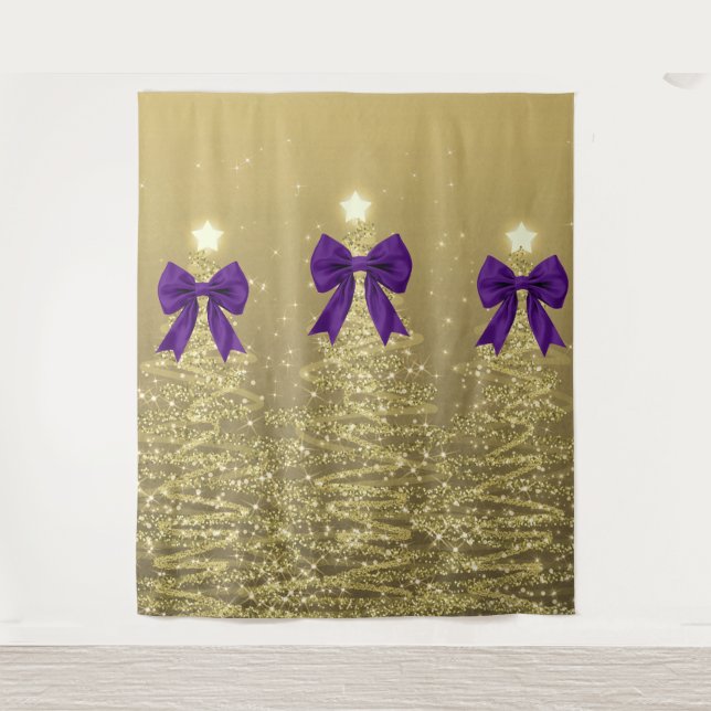 Christmas Sparkling Trees Gold Faux Purple Bow  Wandteppich (Vorderseite)