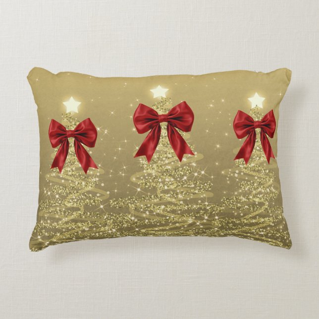 Christmas Sparkling Trees Gold Faux Red Bow  Dekokissen (Vorderseite)