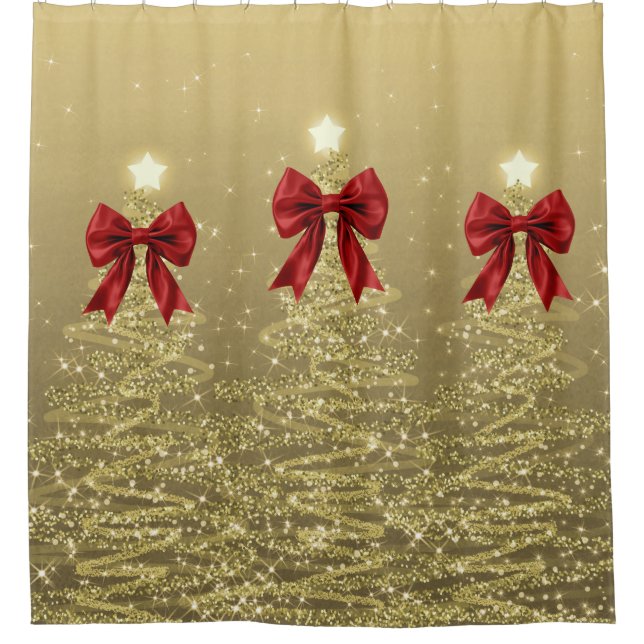 Christmas Sparkling Trees Gold Faux Red Bow  Duschvorhang (Vorderseite)