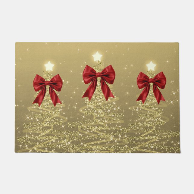 Christmas Sparkling Trees Gold Faux Red Bow  Fußmatte (Vorderseite)