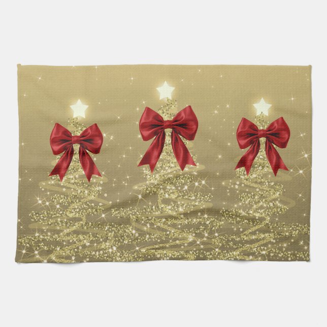 Christmas Sparkling Trees Gold Faux Red Bow  Geschirrtuch (Horizontal)
