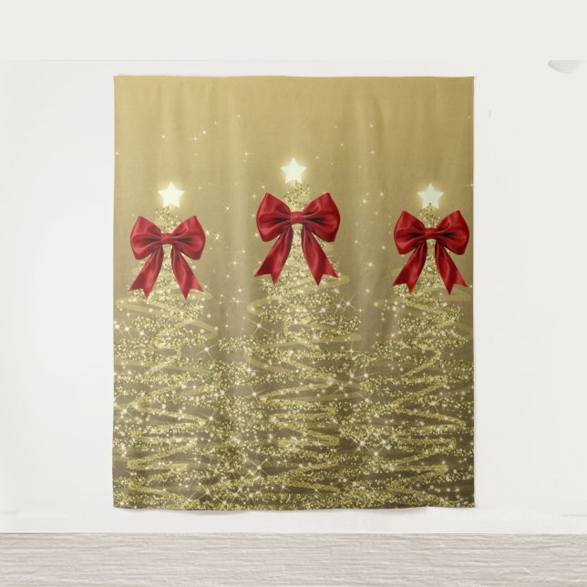 Christmas Sparkling Trees Gold Faux Red Bow  Wandteppich (Vorderseite)