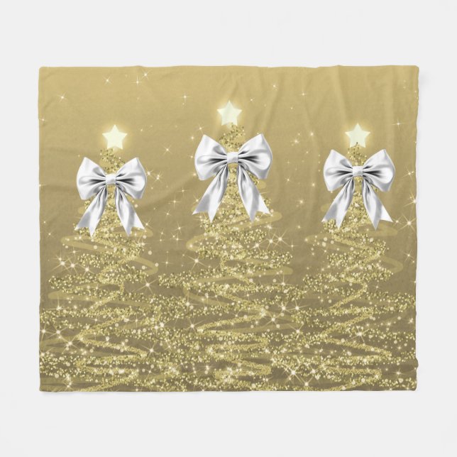 Christmas Sparkling Trees Gold Faux Silver Bow  Fleecedecke (Vorderseite (Horizontal))