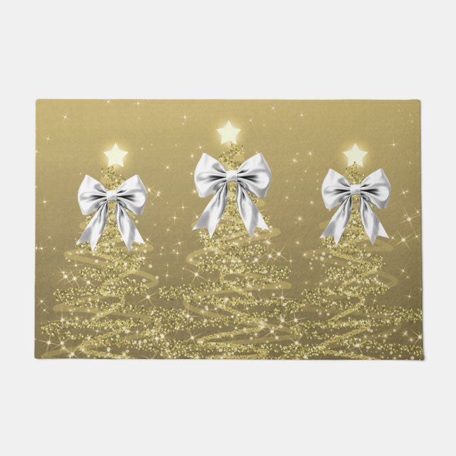Christmas Sparkling Trees Gold Faux Silver Bow  Fußmatte (Vorderseite)