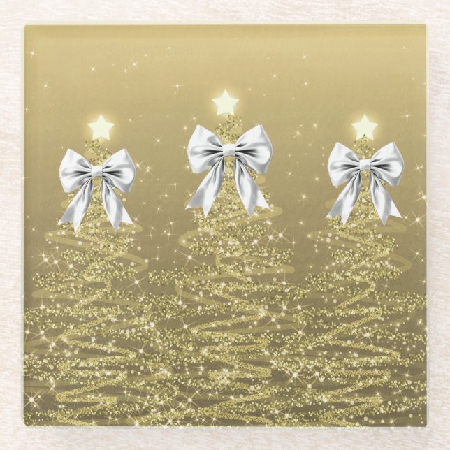 Christmas Sparkling Trees Gold Faux Silver Bow  Glasuntersetzer (Vorderseite)