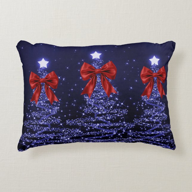 Christmas Sparkling Trees Navy Blue Faux Red Bow  Dekokissen (Vorderseite)