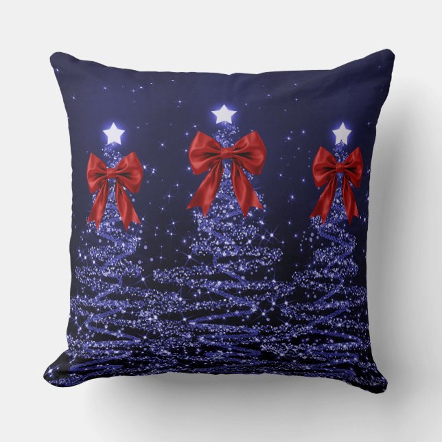 Christmas Sparkling Trees Navy Faux Red Bow  Kissen (Vorderseite)