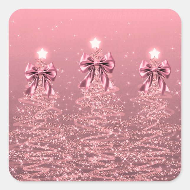 Christmas Sparkling Trees Pink Blush Faux Bow  Quadratischer Aufkleber (Vorderseite)