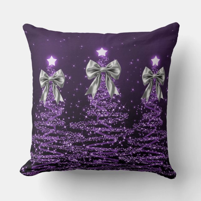 Christmas Sparkling Trees Purple Faux Silver Bow  Kissen (Vorderseite)