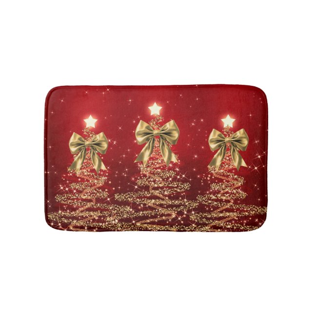 Christmas Sparkling Trees Red Gold Faux Bow  Badematte (Vorderseite)