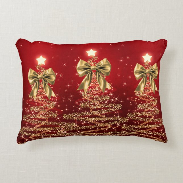 Christmas Sparkling Trees Red Gold Faux Bow  Dekokissen (Vorderseite)