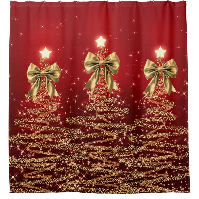 Christmas Sparkling Trees Red Gold Faux Bow  Duschvorhang (Vorderseite)
