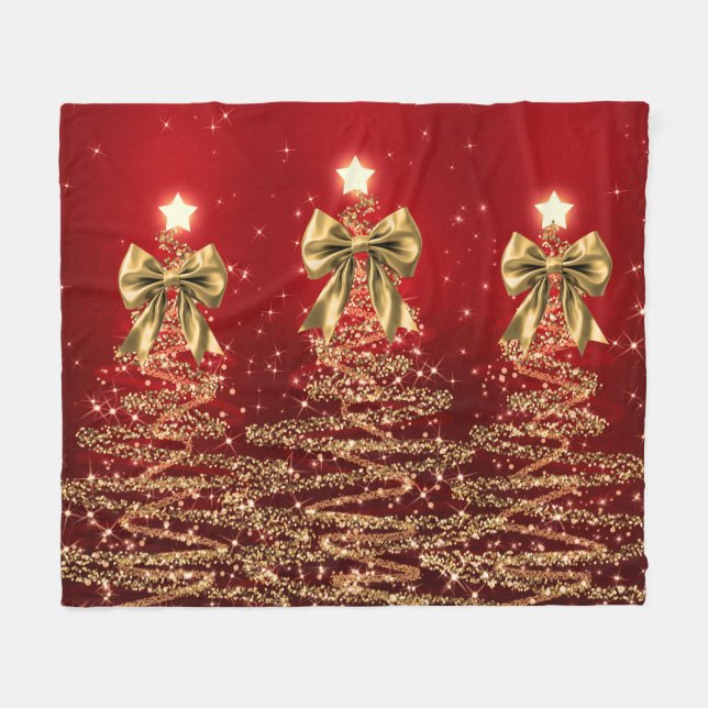 Christmas Sparkling Trees Red Gold Faux Bow  Fleecedecke (Vorderseite (Horizontal))