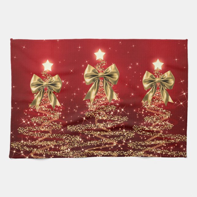 Christmas Sparkling Trees Red Gold Faux Bow  Geschirrtuch (Horizontal)