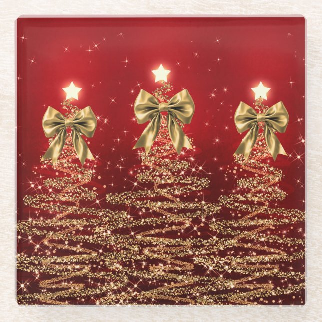 Christmas Sparkling Trees Red Gold Faux Bow  Glasuntersetzer (Vorderseite)