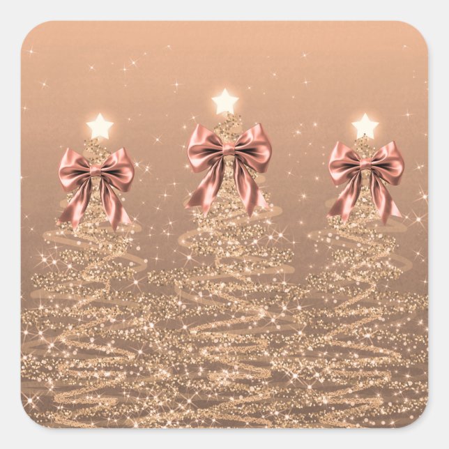Christmas Sparkling Trees Rose Gold Faux Bow  Quadratischer Aufkleber (Vorderseite)