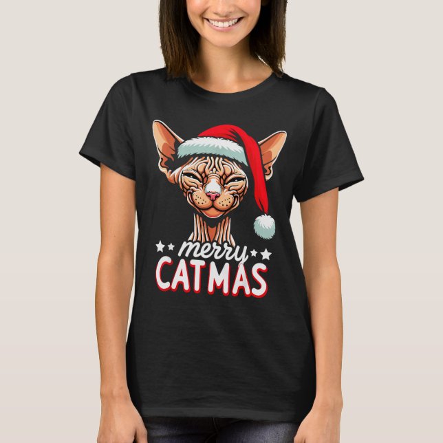 Christmas Sphynx Cat Merry Catmas Santa Hat Xmas  T-Shirt (Vorderseite)