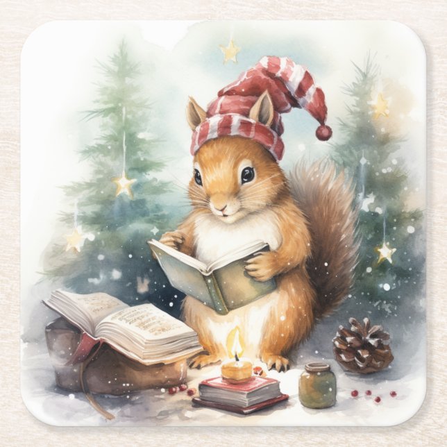 Christmas Squirrel reading Rechteckiger Pappuntersetzer (Vorderseite)