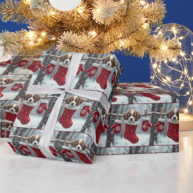 Christmas St. Bernard Welpe im Roten Strumpf Geschenkpapier (Feiertage)
