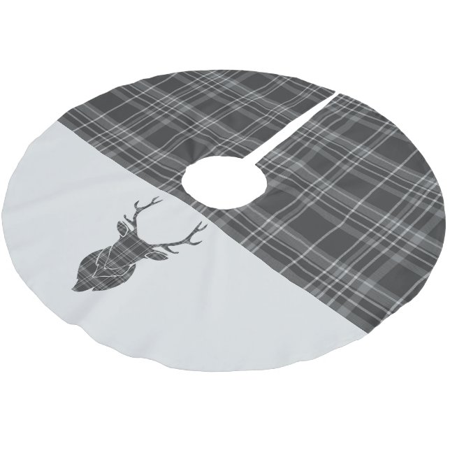 Christmas Stag Head Gray Tartan Polyester Weihnachtsbaumdecke (Schrägansicht)