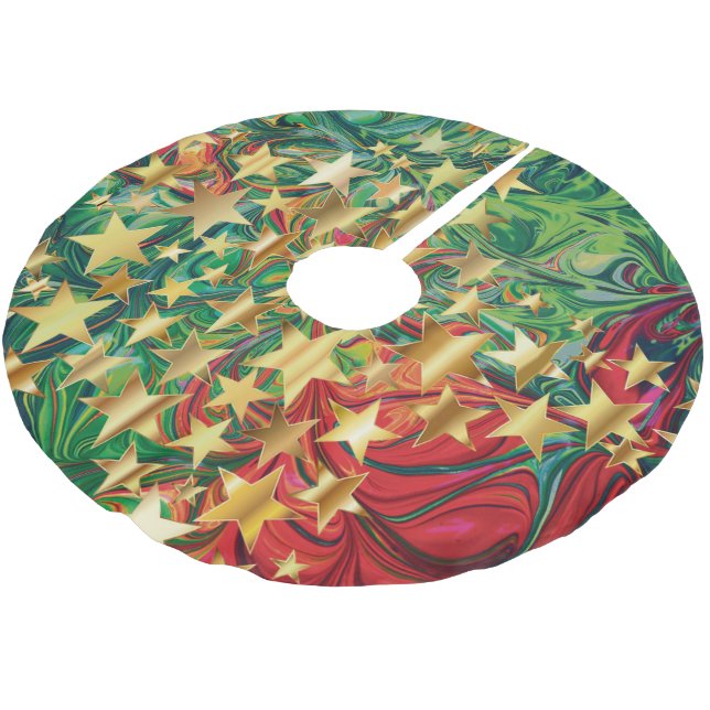 CHRISTMAS STARS Red Green Imitats Gold Retro Abstr Polyester Weihnachtsbaumdecke (Schrägansicht)