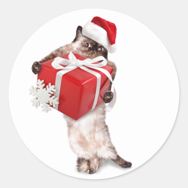 CHRISTMAS STICKER UMSCHLAG AUFKLEBER CAT W/ PAKET (Vorderseite)