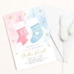 Christmas Stocking Baby Gender Reveal Party Invite Einladung<br><div class="desc">A Christmas holiday themed Baby Gender Reveal Party invitation. The winter design features cute blue and pink festive stockings on a blue and pink snow and snowflake background with gold stars. The elegant gold typography text reads Gender Reveal.</div>