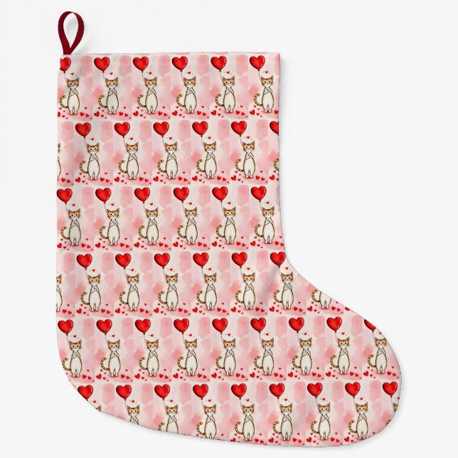 Christmas Stocking, Cat Red Hearts Love Großer Weihnachtsstrumpf (Vorderseite)