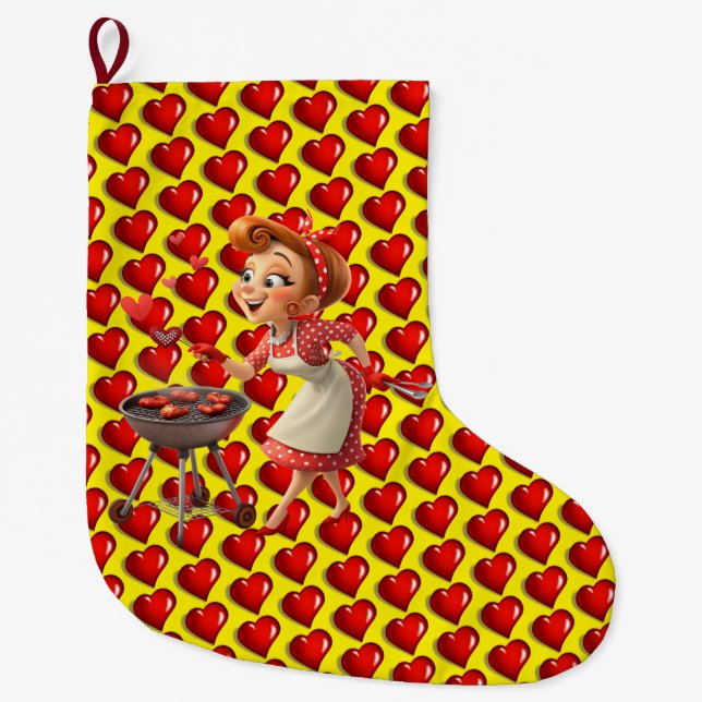 Christmas Stocking, Cooking Red Hearts Love Großer Weihnachtsstrumpf (Vorderseite)