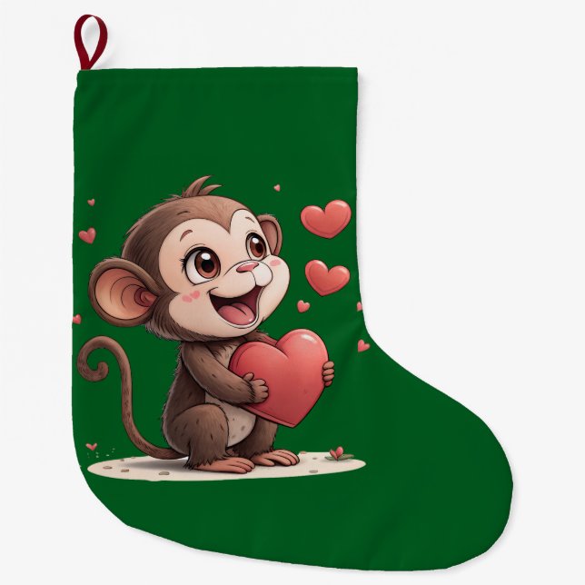Christmas Stocking, Monkey Red Hearts Love Großer Weihnachtsstrumpf (Vorderseite)