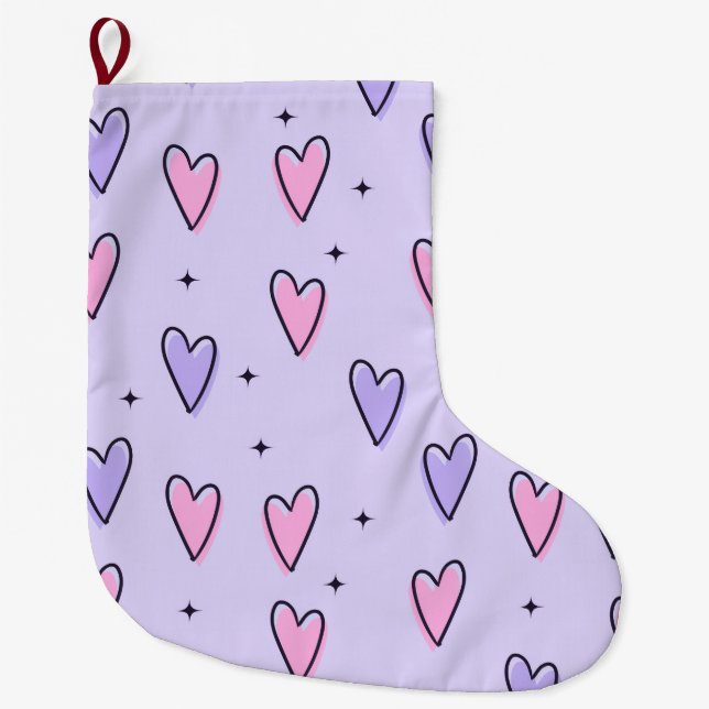 Christmas Stocking, Pink Purple Hearts Love Großer Weihnachtsstrumpf (Vorderseite)