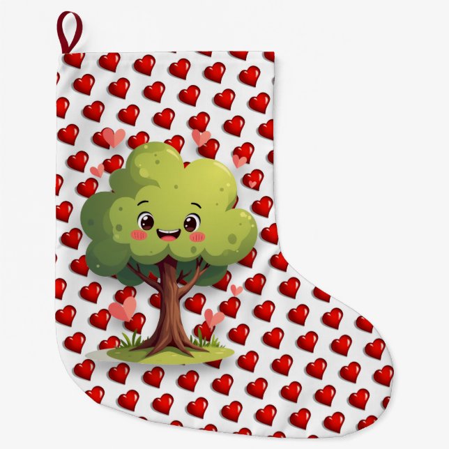 Christmas Stocking, Tree Red Hearts Love Großer Weihnachtsstrumpf (Vorderseite)