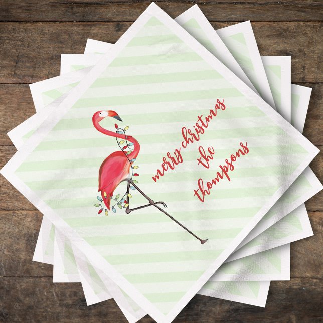 Christmas String Lights Serviette (Cute Christmas Merry and Bright pink flamingo holiday lights.)