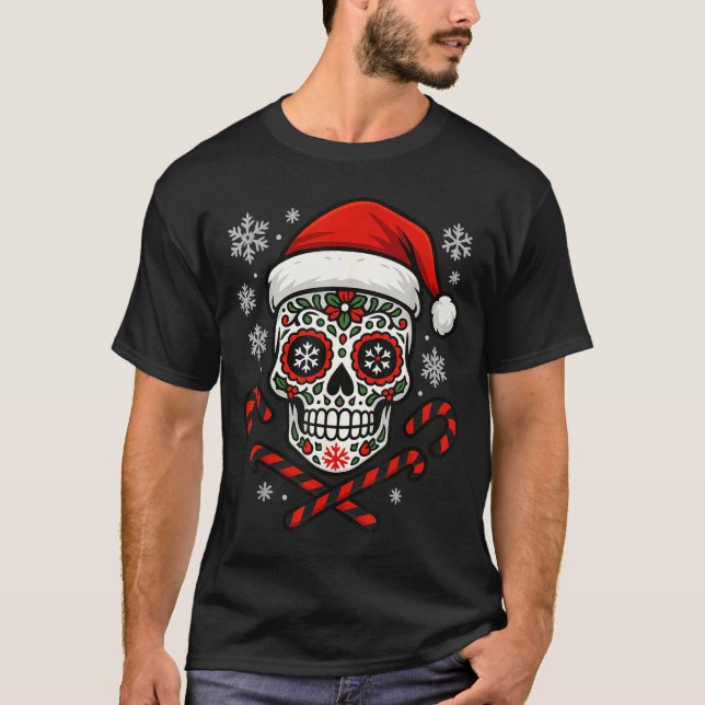 Christmas Sugar Calavera Skull Santa Hat Candy Can T-Shirt (Vorderseite)