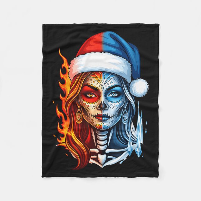 Christmas Sugar Skull Art Woman Santa Hat Fantasy  Fleecedecke (Vorderseite)