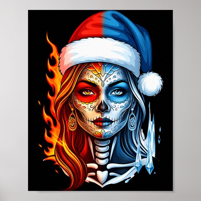 Christmas Sugar Skull Art Woman Santa Hat Fantasy  Poster (Vorne)